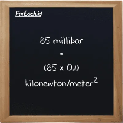 How to convert millibar to kilonewton/meter<sup>2</sup>: 85 millibar (mbar) is equivalent to 85 times 0.1 kilonewton/meter<sup>2</sup> (kN/m<sup>2</sup>)